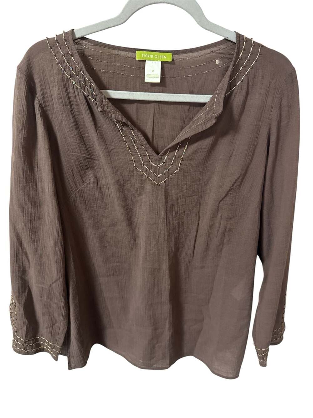 Sigrid Olsen Women's Brown Long Sleeve V-Neck Beaded Crinkle Gauze Blouse